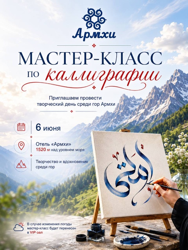 6 июня на открытой площадке курорта «Армхи» пройдет мастер-класс по арабской каллиграфии.⠀
⠀
Мастер - Мадина Газдиева - интерьерный художник и арабский каллиграф, работающий в авторской стилистике. Под её руководством можно будет создать собственную работу на холсте, освоить базовые техники каллиграфии, а также забрать готовую картину на память.